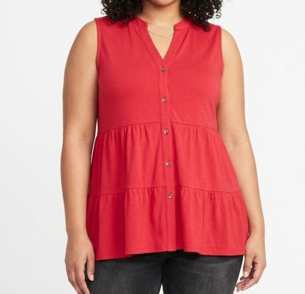 New Directions Red Gloss Tiered Button Down Tank Top Sleeveless Blouse Size 2X